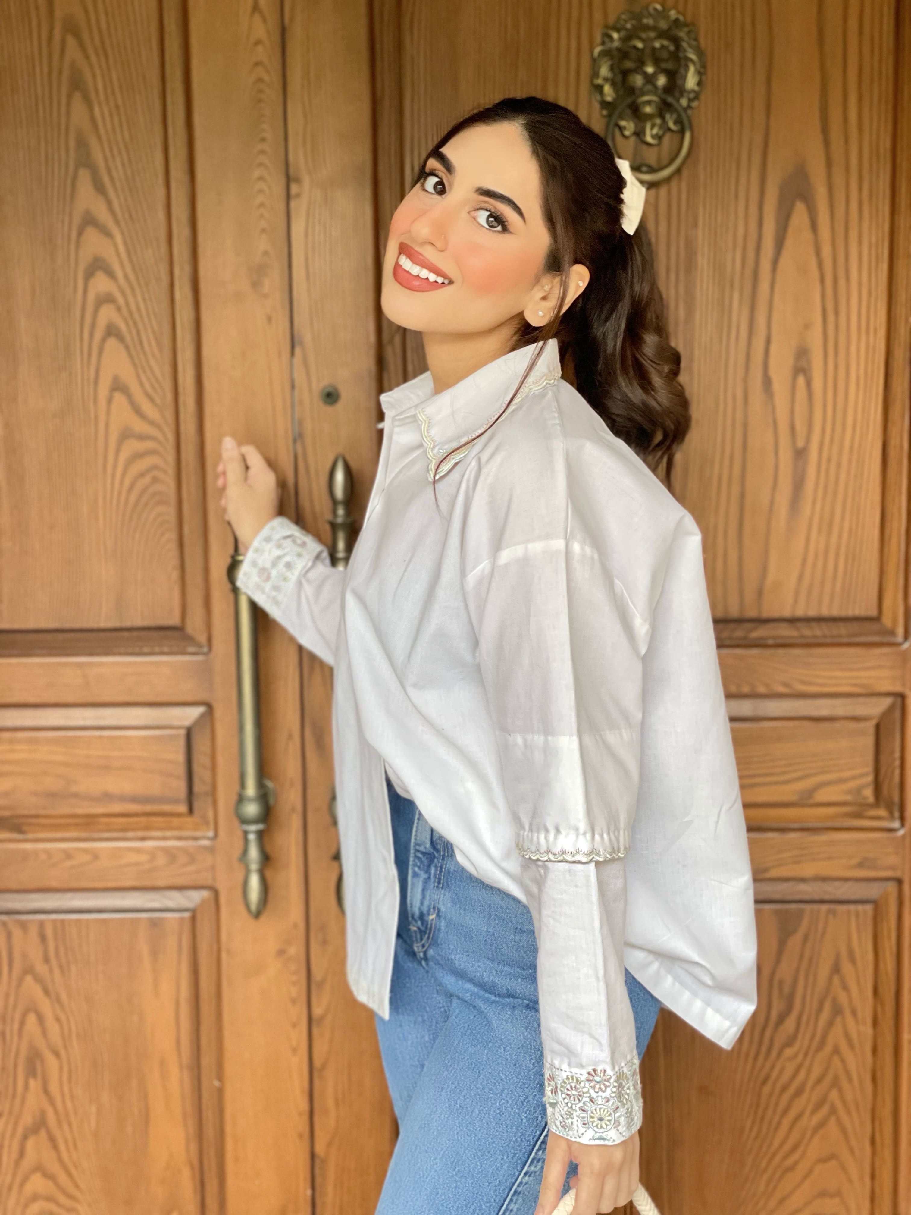 Women  Button-Down Embroidered Hem White Top