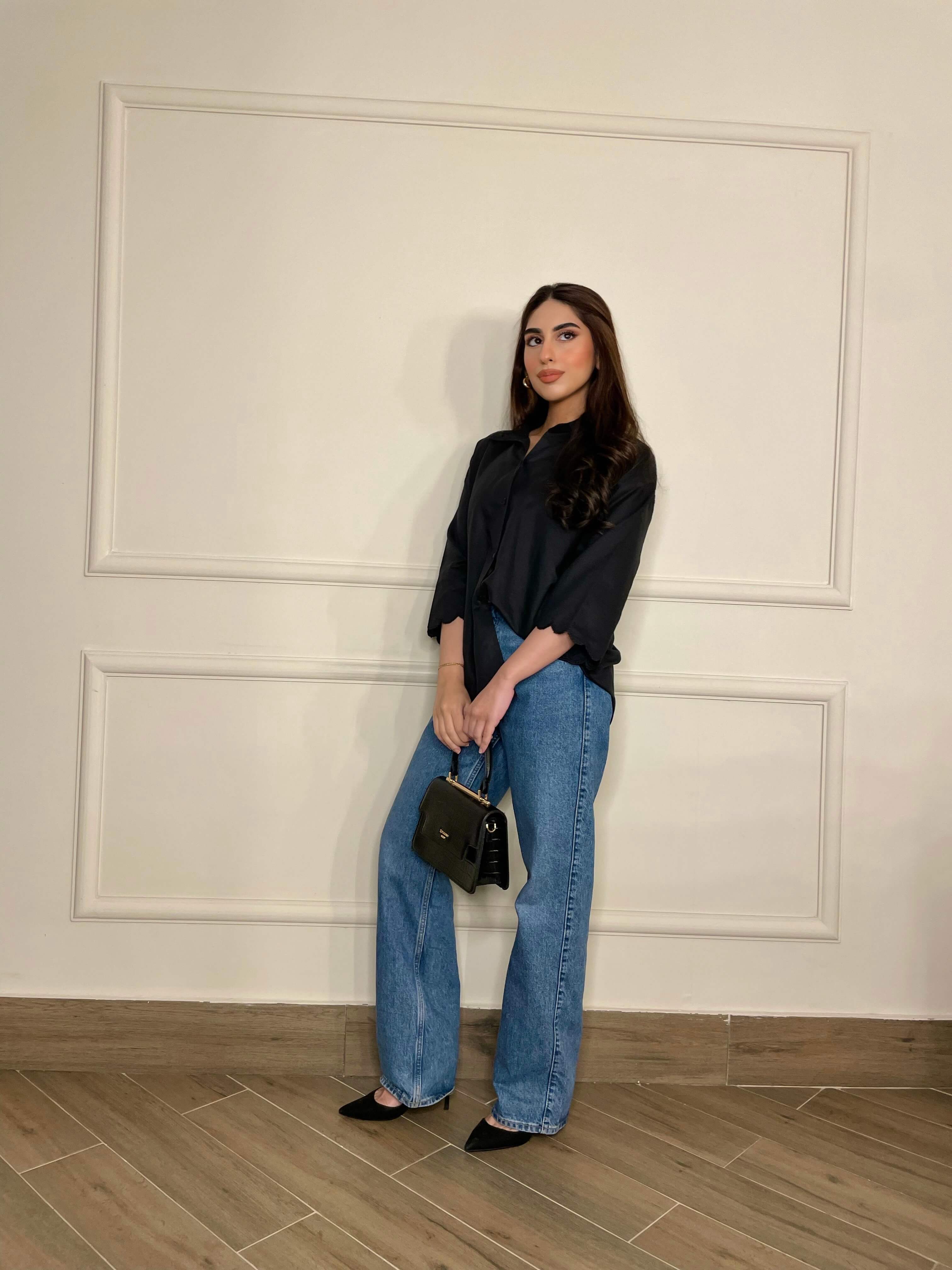 Women Oversized Embroidered Hem Black Top