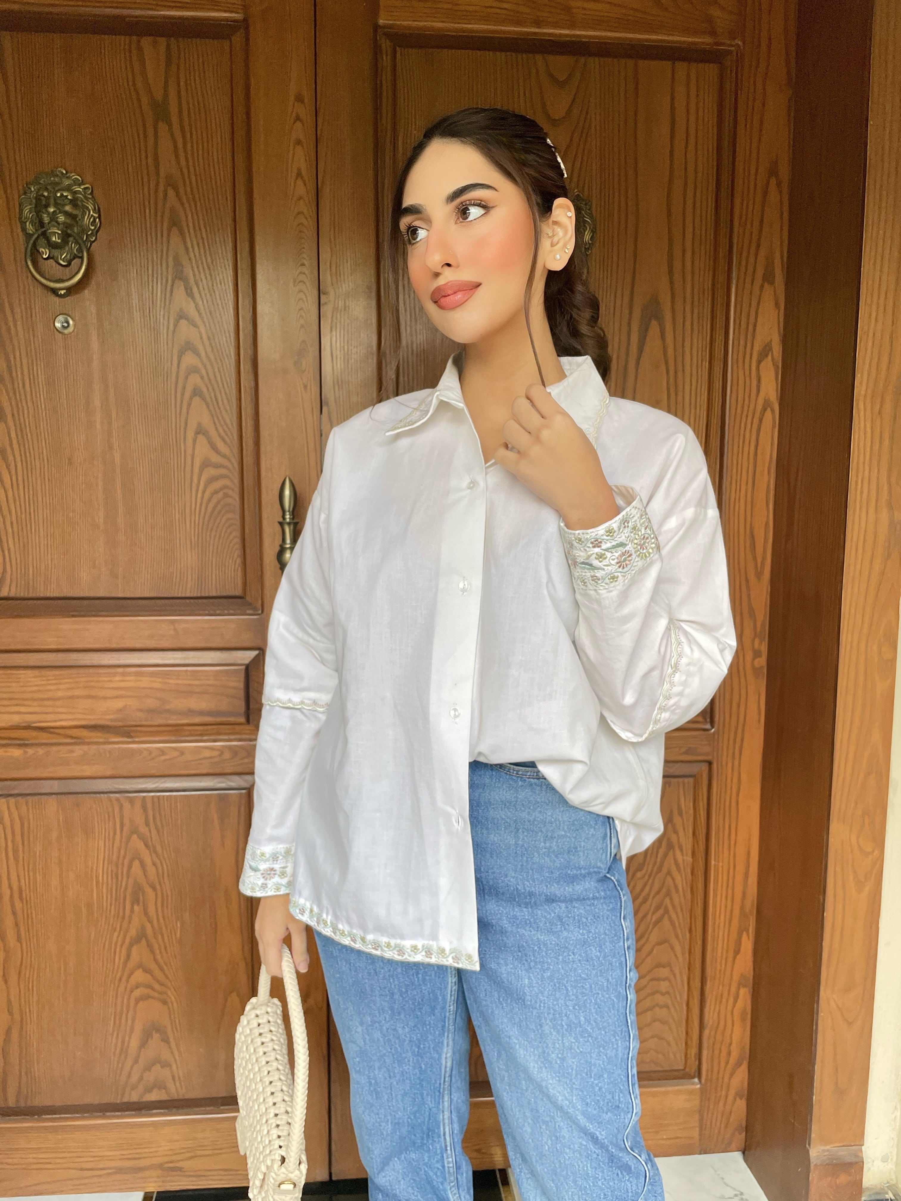 Women  Button-Down Embroidered Hem White Top