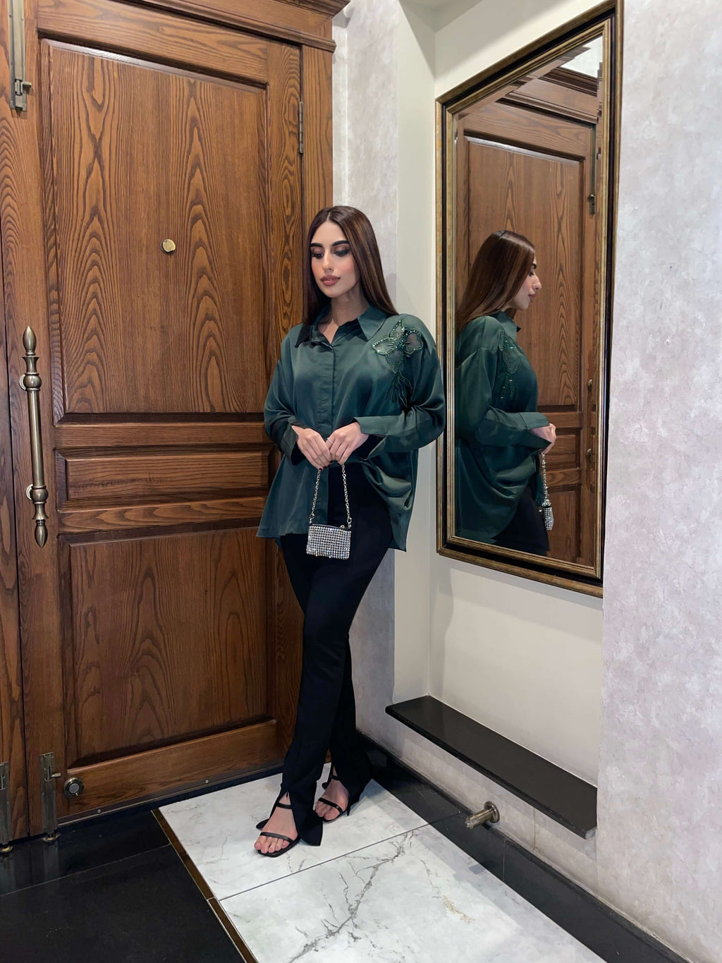 Women Flower Embroidered Drop Shoulder Emerald Green Top