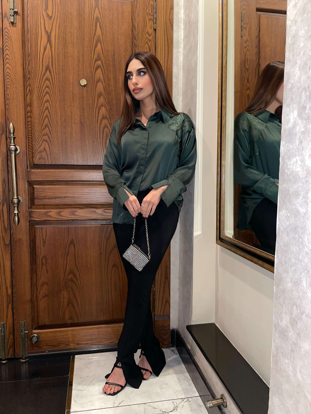 Women Flower Embroidered Drop Shoulder Emerald Green Top