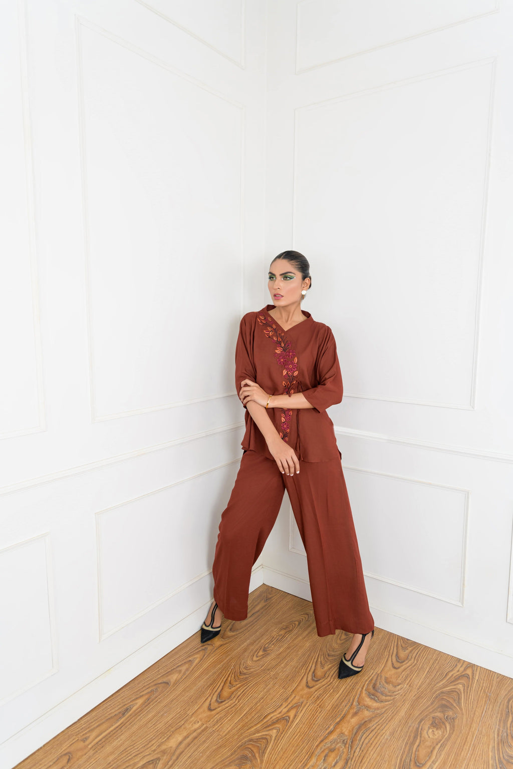 Women's Whimsical embroidered Co-Ord Set in Rust Brown