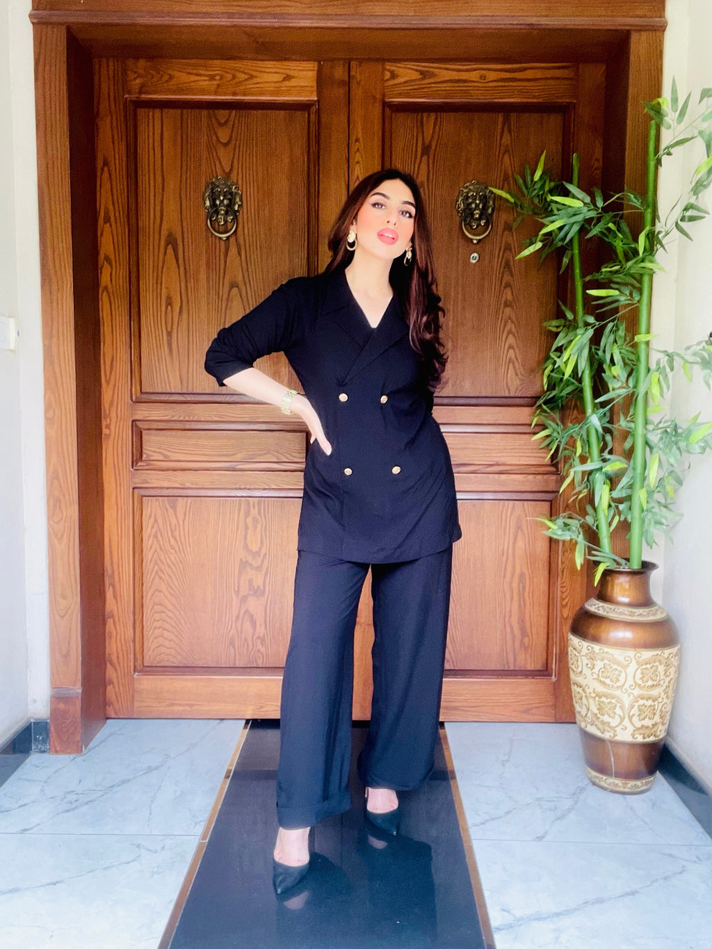 Women's Double Fleece Black Blazer Set