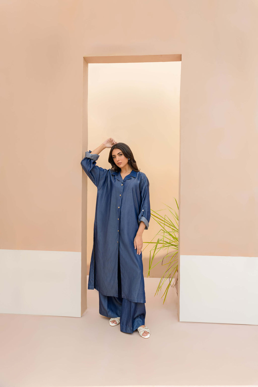 Women Denim Dreams Collared Neck-Line Co-ord Set - Chic Folded Sleeves in Denim Blue