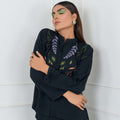 Women's Collared Neckline Leaves Embroidered Co-Ord Set in Black