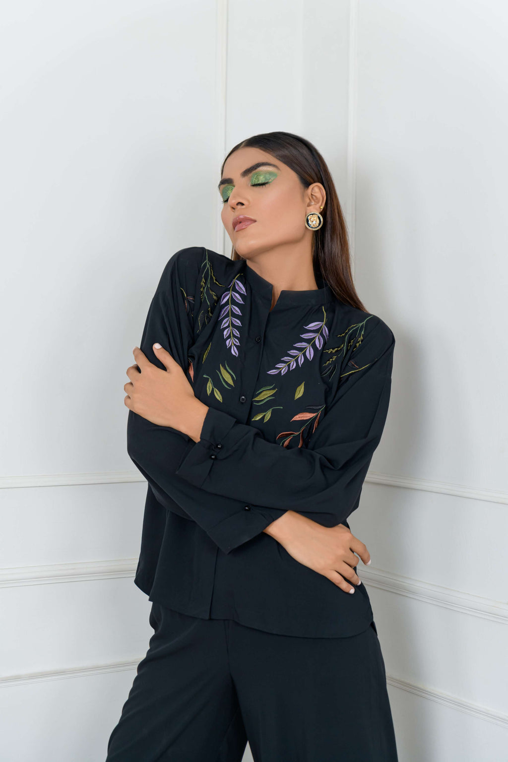 Women's Collared Neckline Leaves Embroidered Co-Ord Set in Black