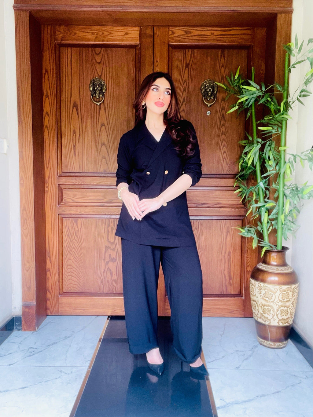 Women's Double Fleece Black Blazer Set