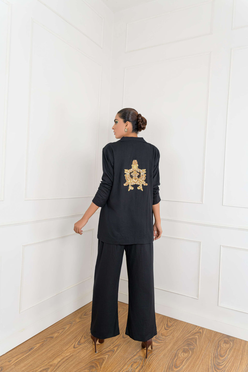 Women's Gold Motif Sequenced  Blazer Set in Black