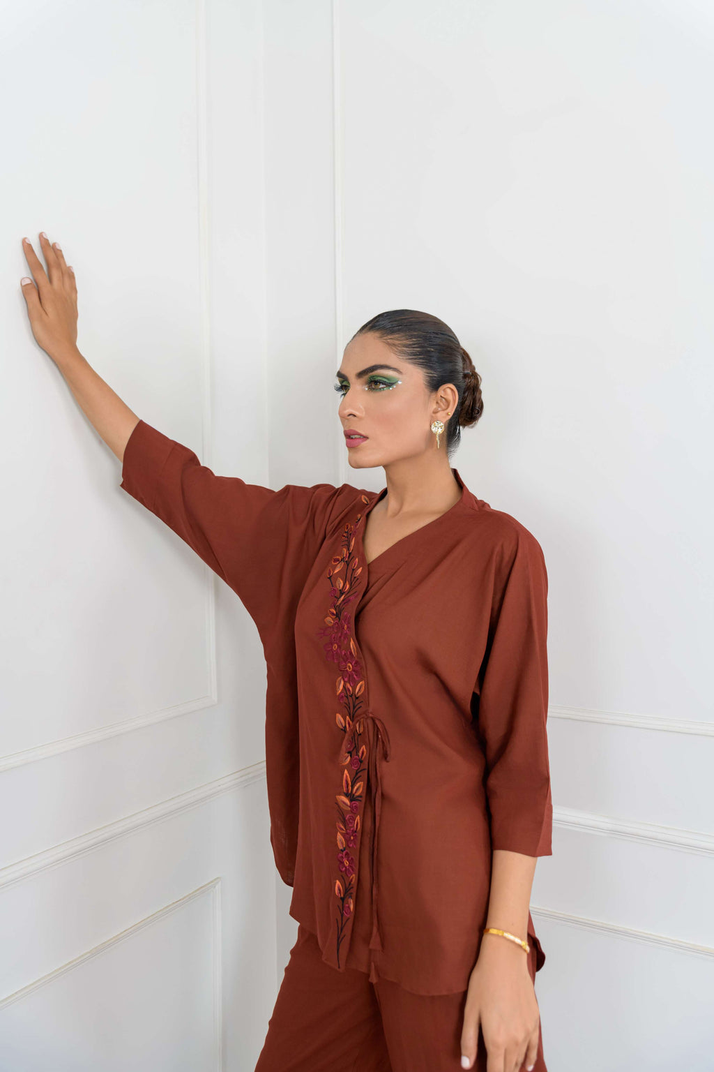 Women's Whimsical embroidered Co-Ord Set in Rust Brown