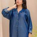 Women Denim Dreams Collared Neck-Line Co-ord Set - Chic Folded Sleeves in Denim Blue