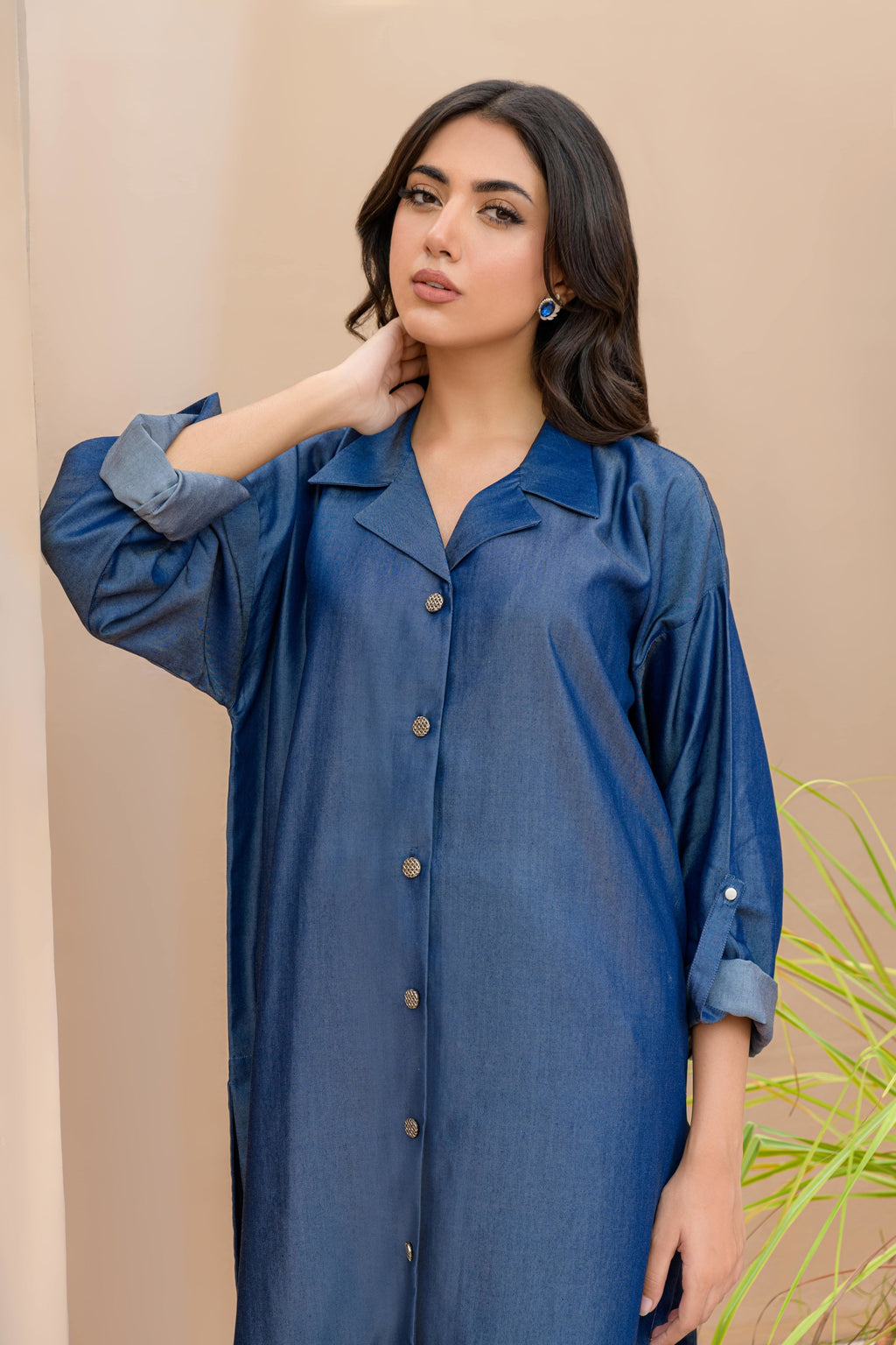 Women Denim Dreams Collared Neck-Line Co-ord Set - Chic Folded Sleeves in Denim Blue