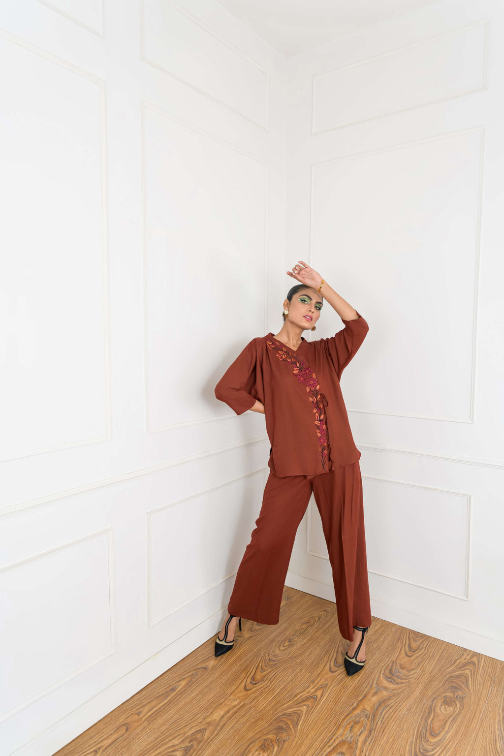 Women's Whimsical embroidered Co-Ord Set in Rust Brown