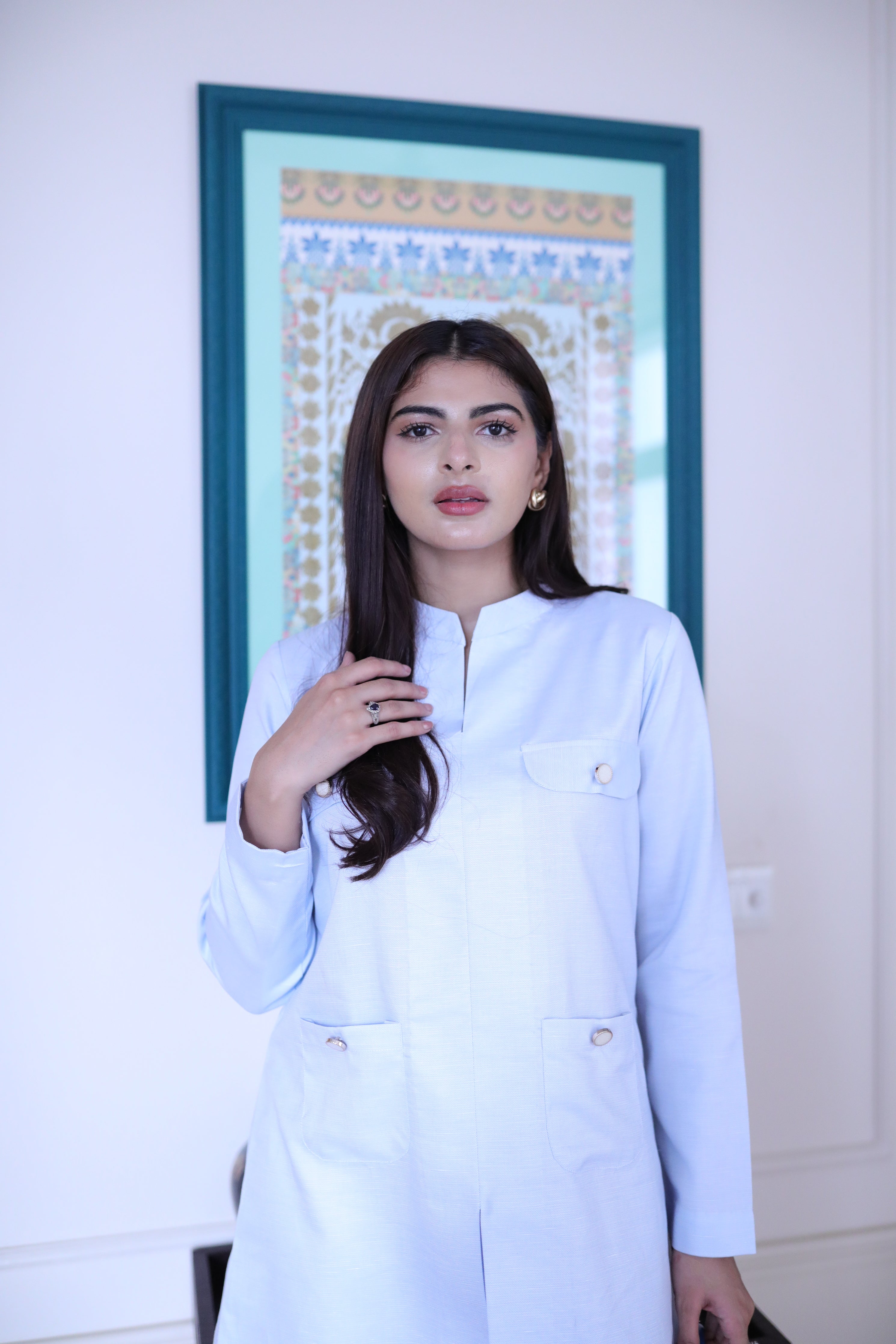 Women's Double Pocket Ice Blue Blazer Set