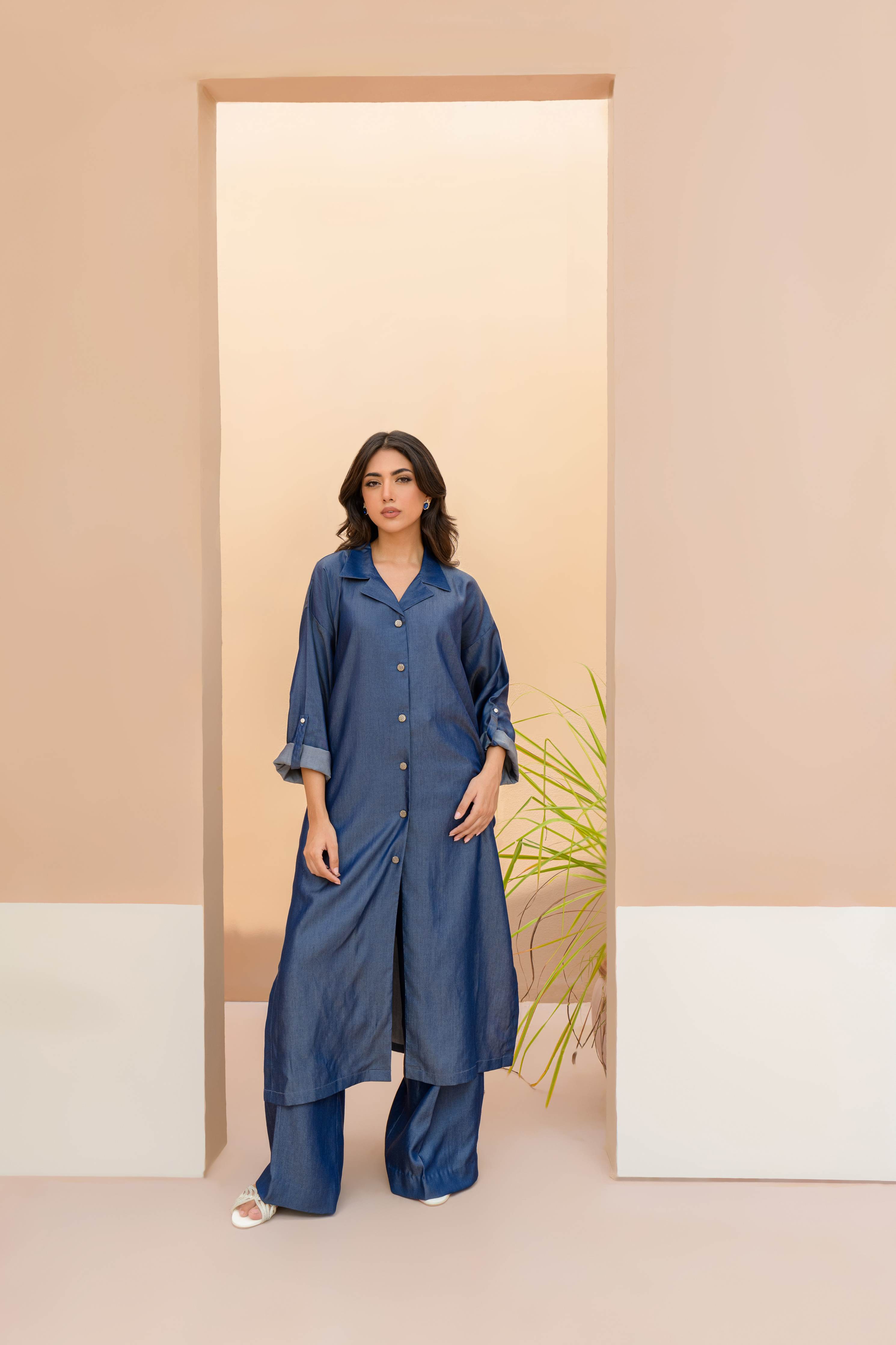 Women Denim Dreams Collared Neck-Line Co-ord Set - Chic Folded Sleeves in Denim Blue