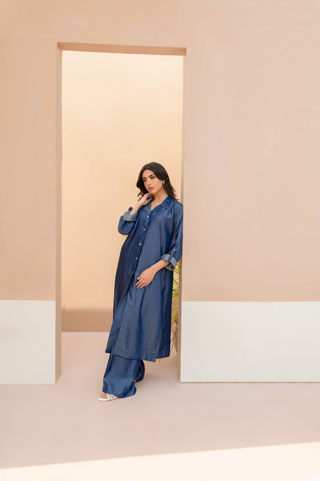 Women Denim Dreams Collared Neck-Line Co-ord Set - Chic Folded Sleeves in Denim Blue