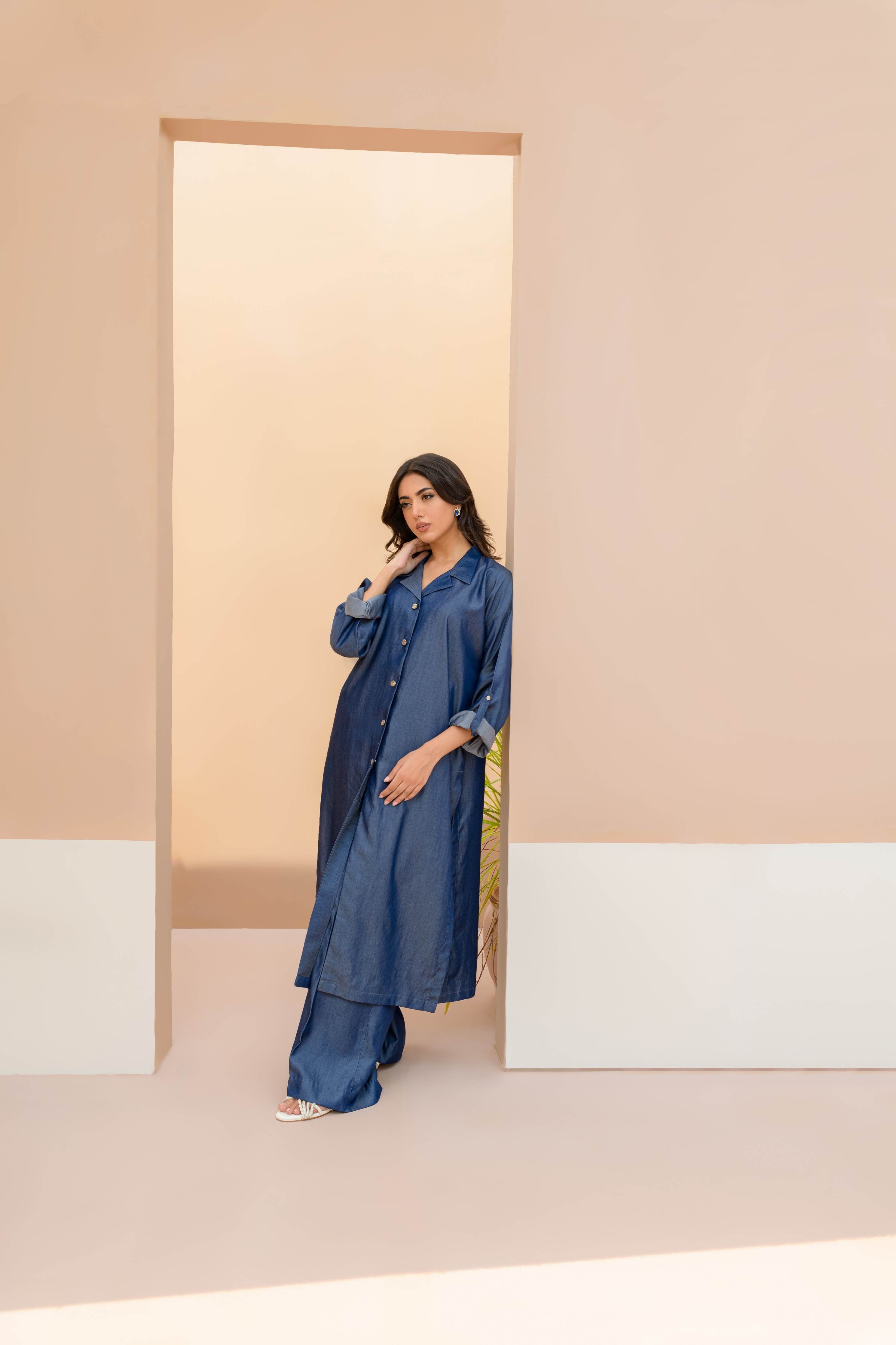 Women Denim Dreams Collared Neck-Line Co-ord Set - Chic Folded Sleeves in Denim Blue