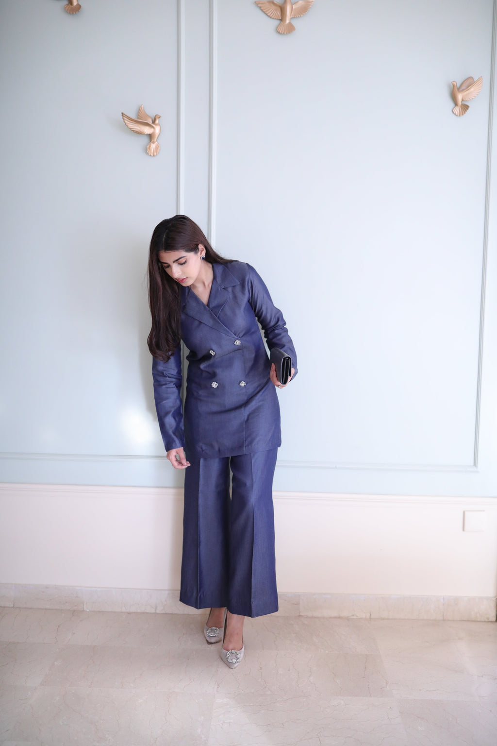 Women's Double Fleece Denim Blue Blazer Set