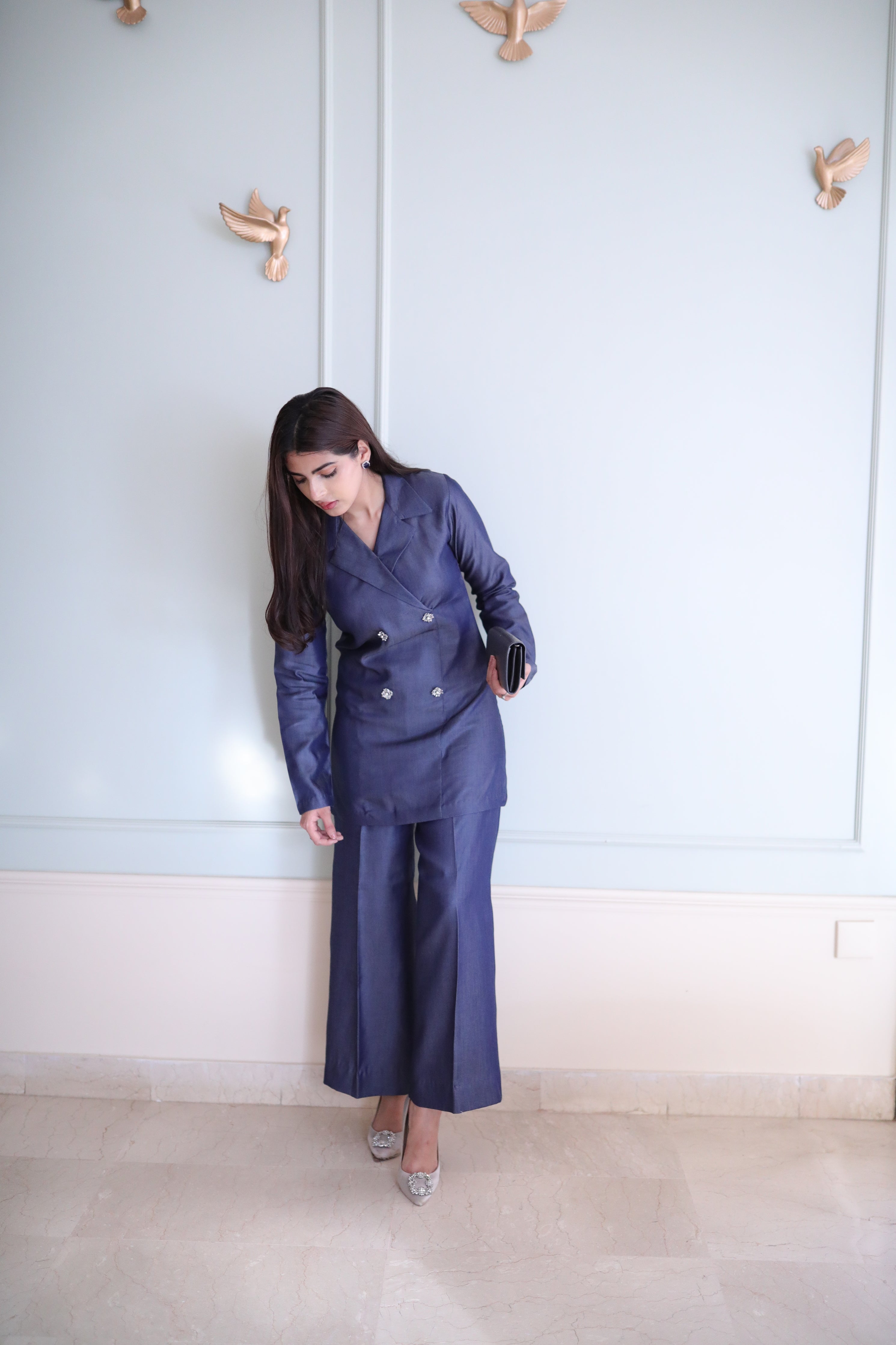 Women's Double Fleece Denim Blue Blazer Set