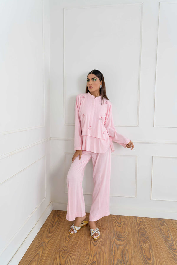 Women's Double Layered Co-Ord  Set in Baby Pink