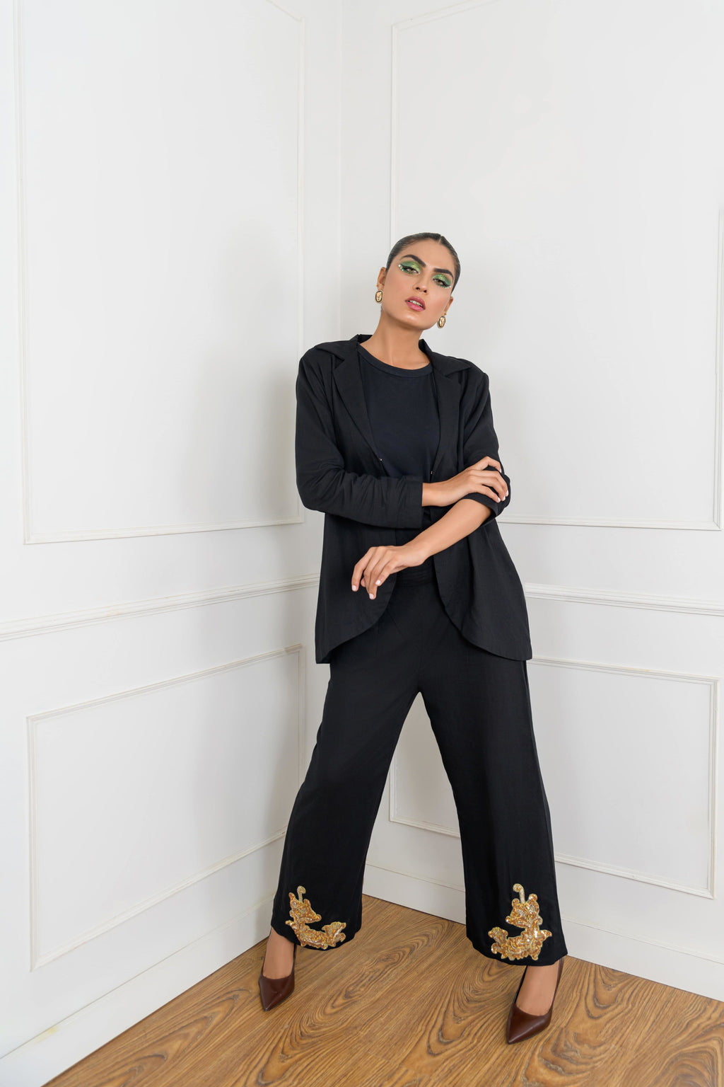 Women's Gold Motif Sequenced  Blazer Set in Black