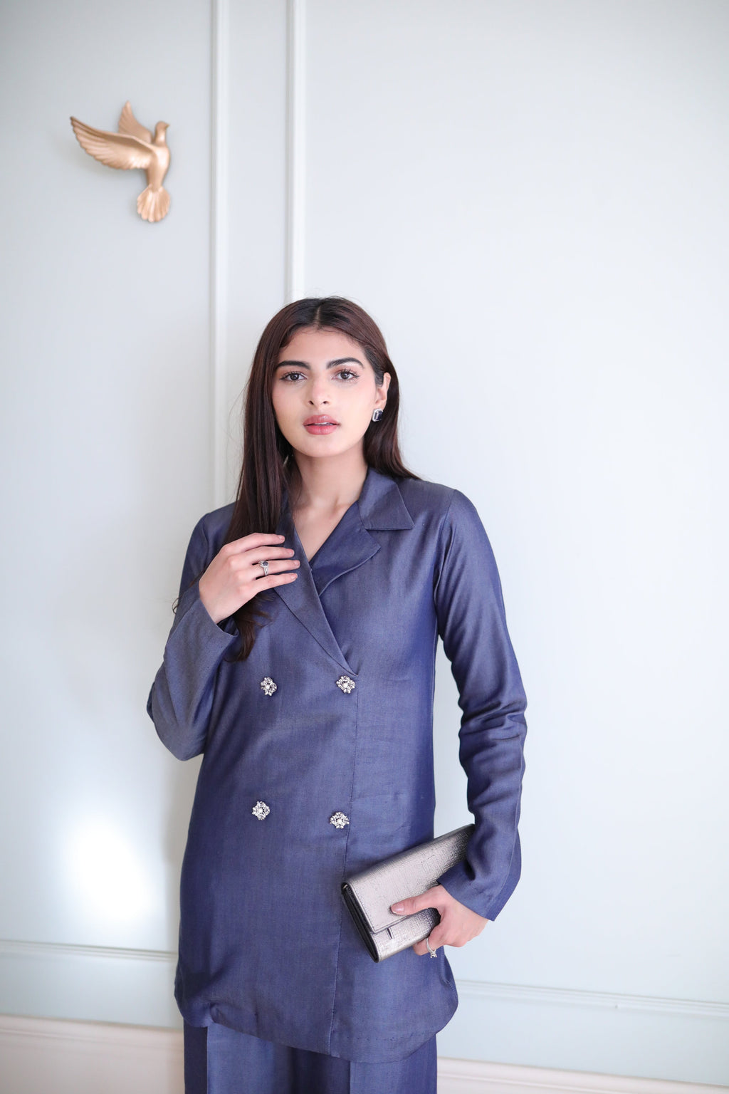 Women's Double Fleece Denim Blue Blazer Set
