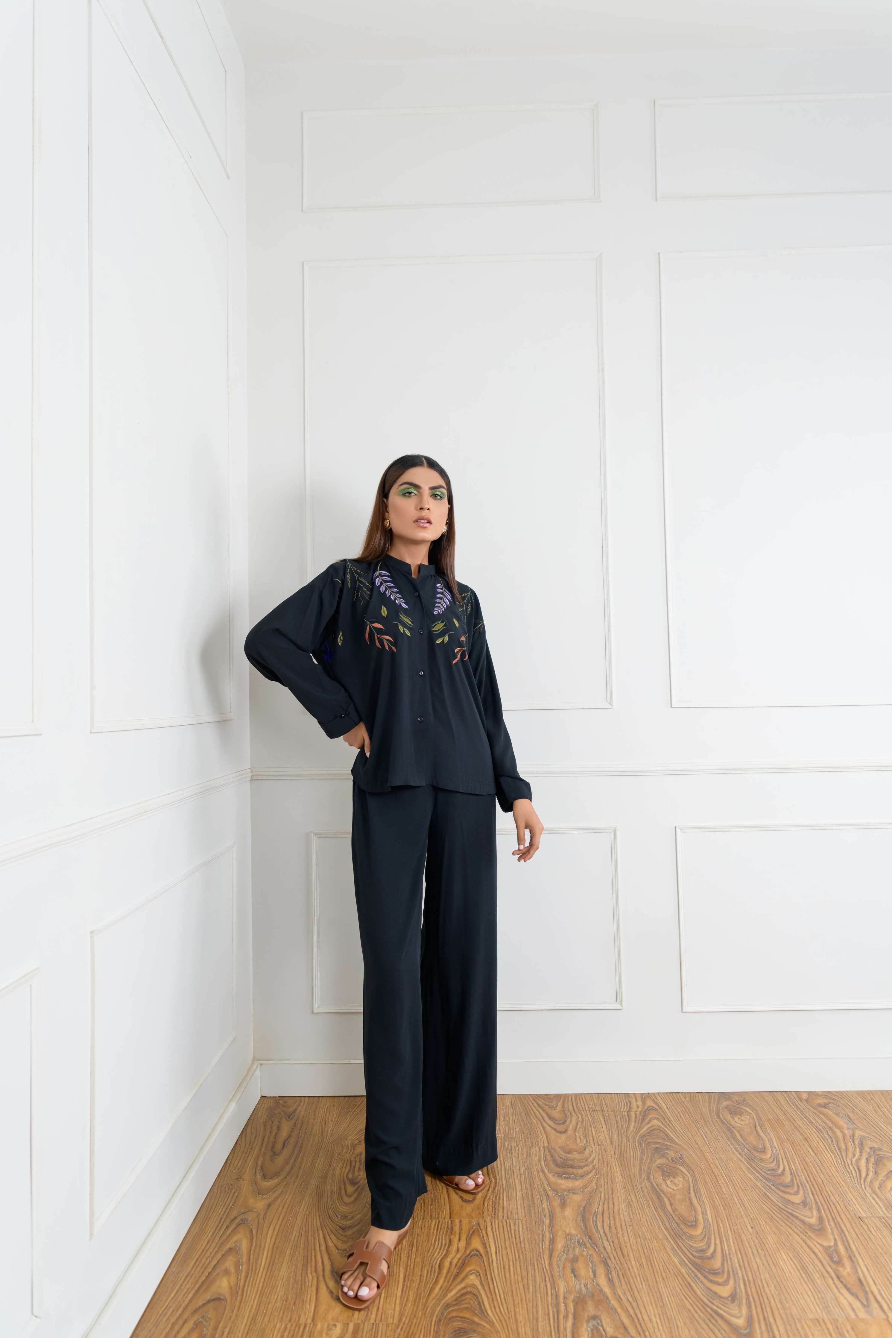 Women's Collared Neckline Leaves Embroidered Co-Ord Set in Black