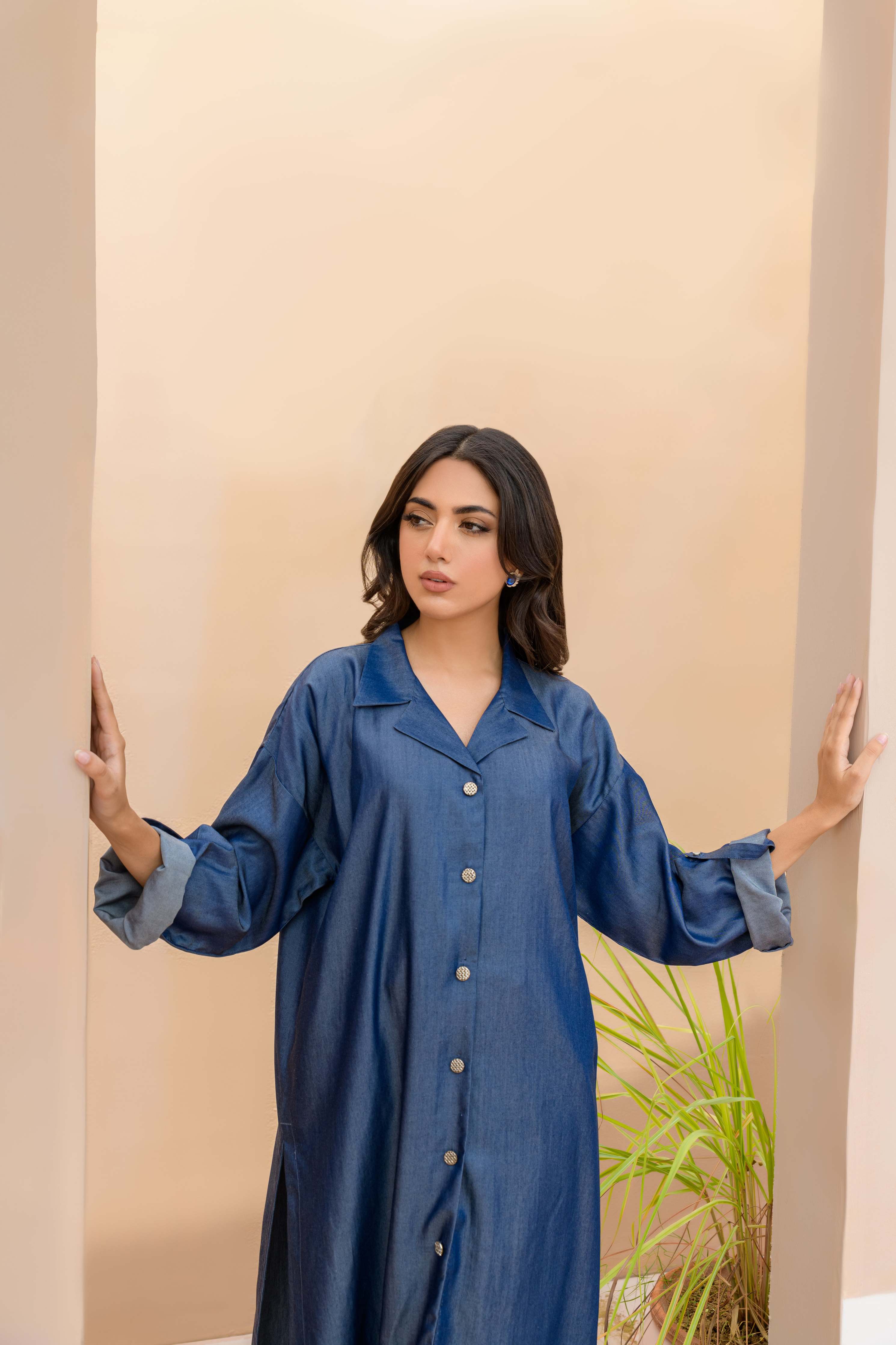 Women Denim Dreams Collared Neck-Line Co-ord Set - Chic Folded Sleeves in Denim Blue