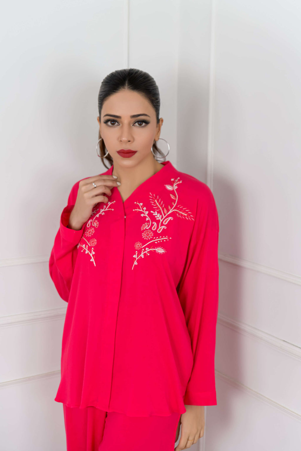 Women's Gold Tilla Embroidery Co-ord Set in Fuschia Pink