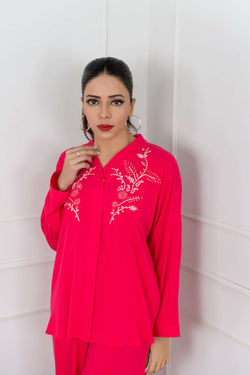Women's Gold Tilla Embroidery Co-ord Set in Fuschia Pink