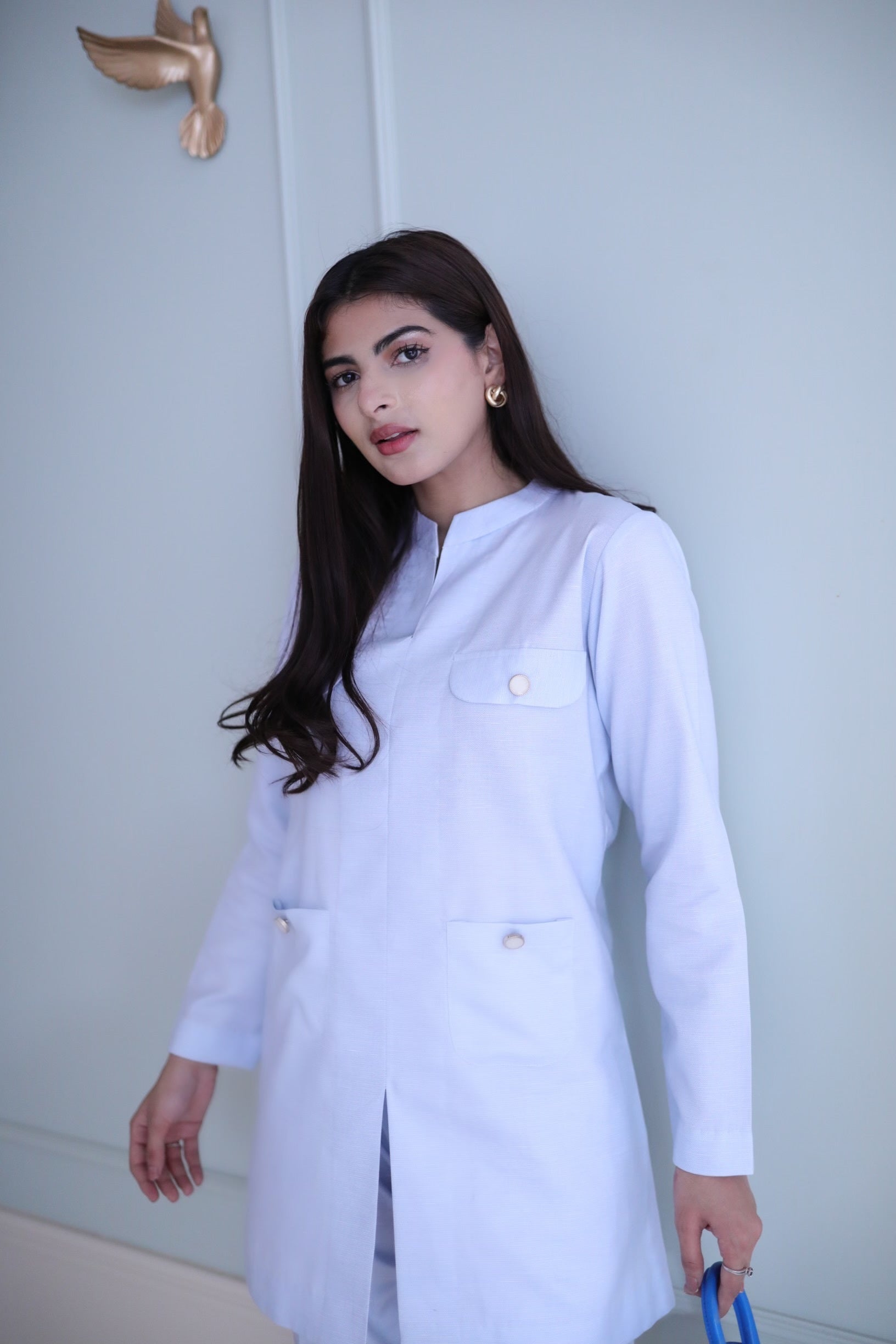 Women's Double Pocket Ice Blue Blazer Set