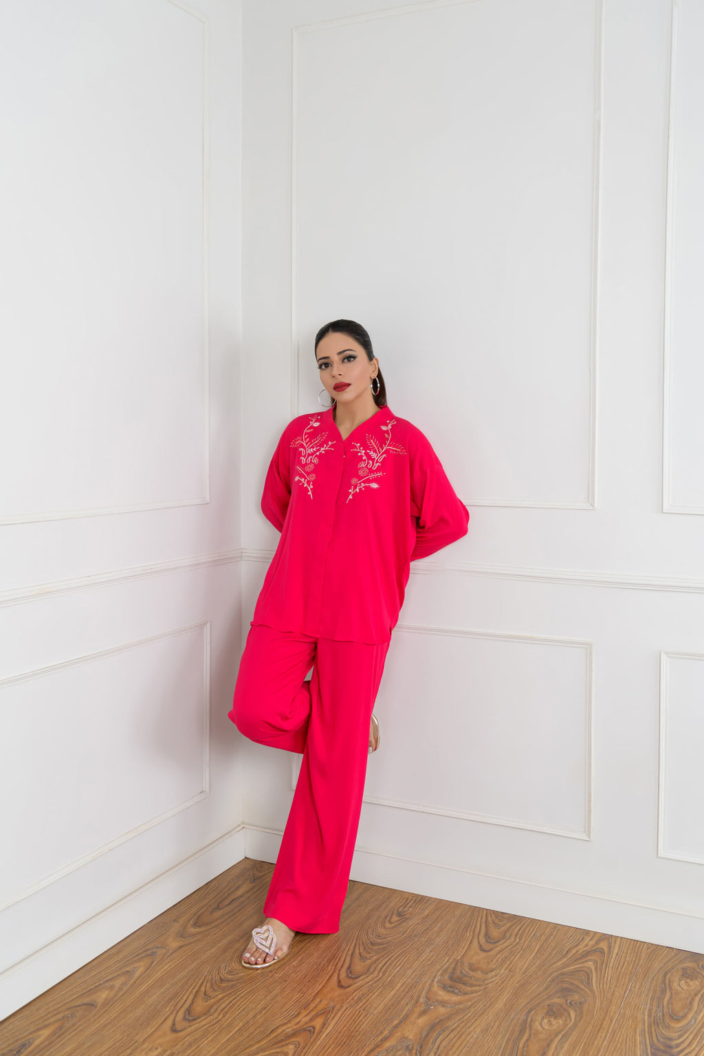 Women's Gold Tilla Embroidery Co-ord Set in Fuschia Pink