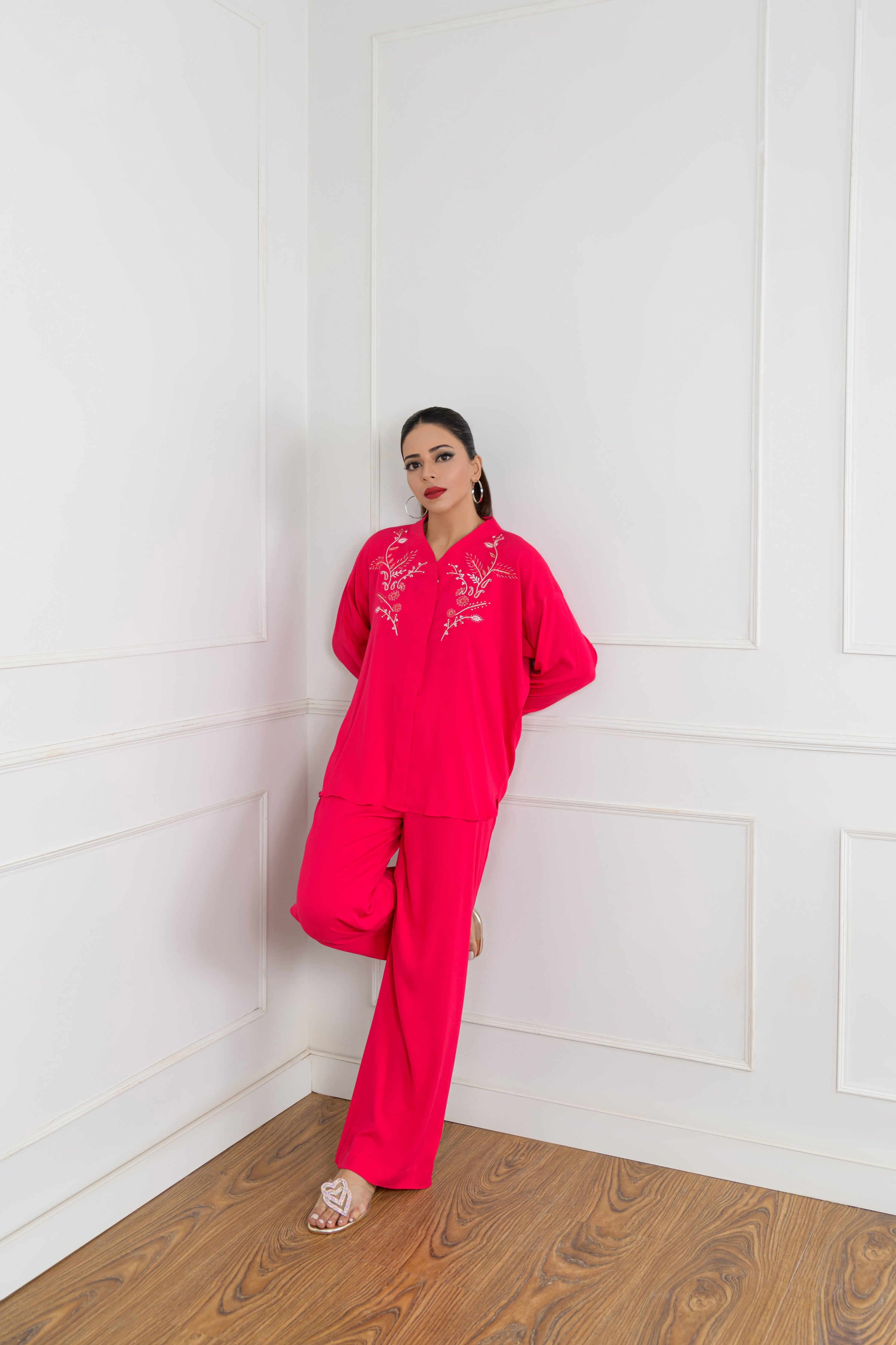 Women's Gold Tilla Embroidery Co-ord Set in Fuschia Pink