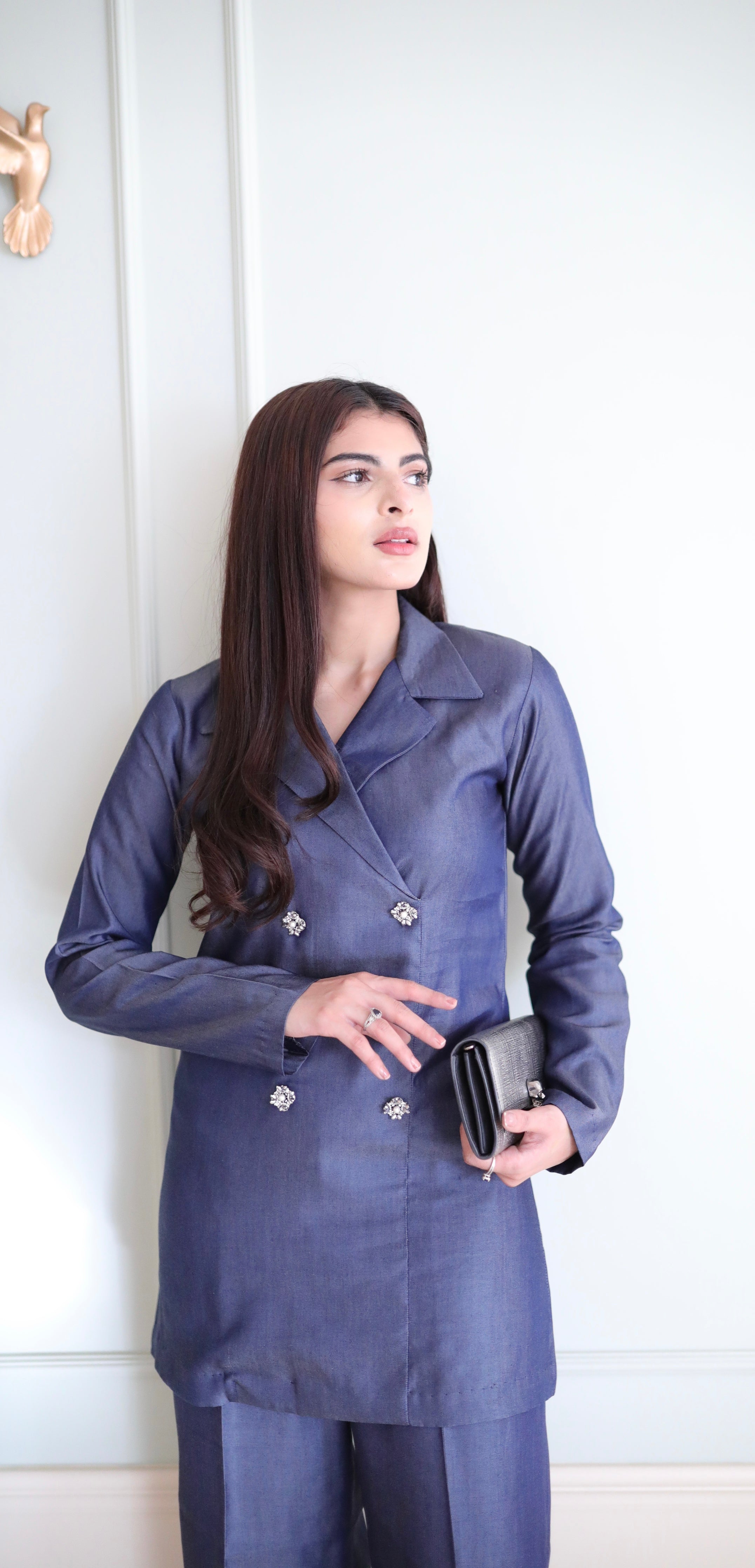 Women's Double Fleece Denim Blue Blazer Set