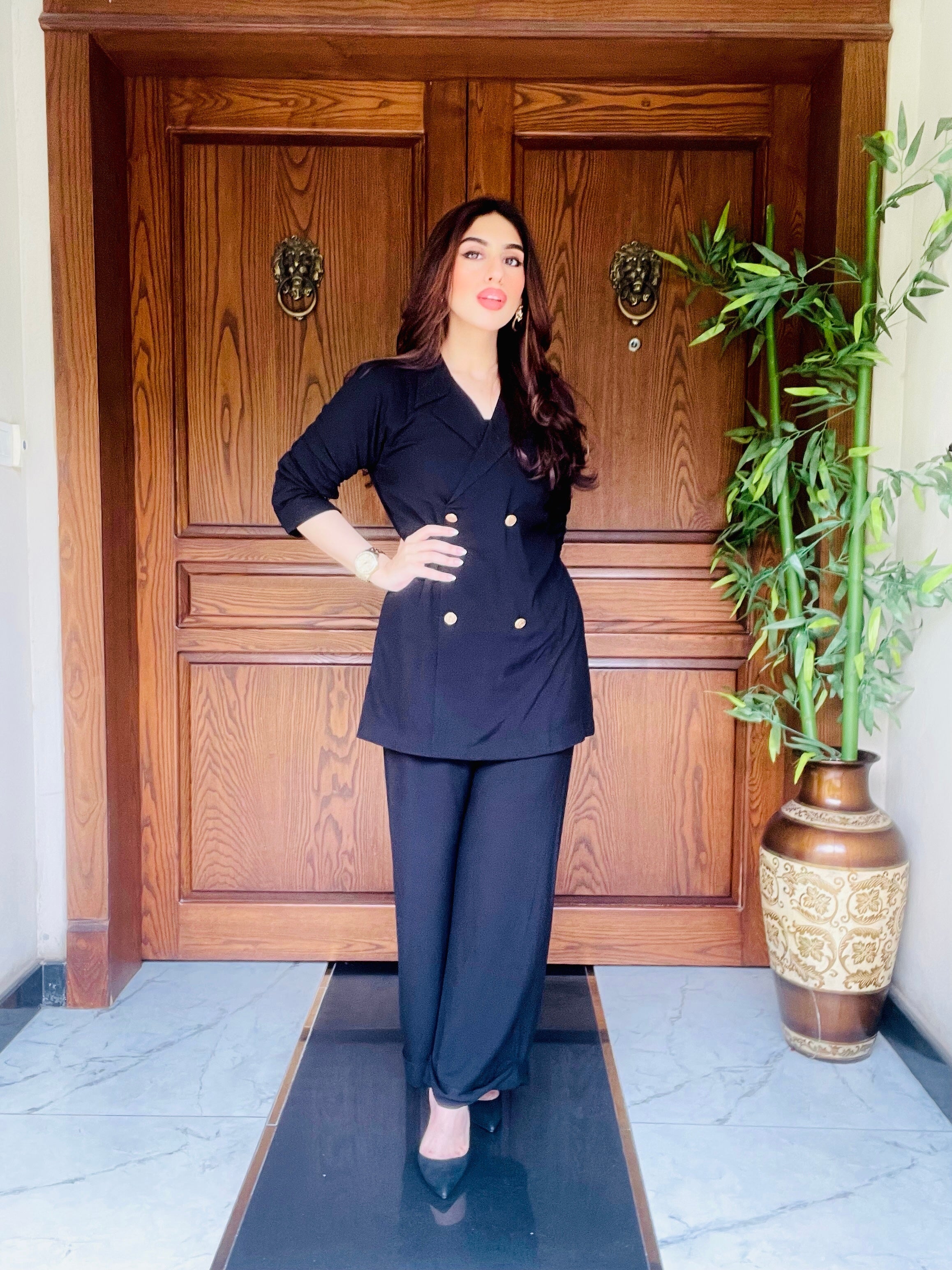 Women's Double Fleece Black Blazer Set