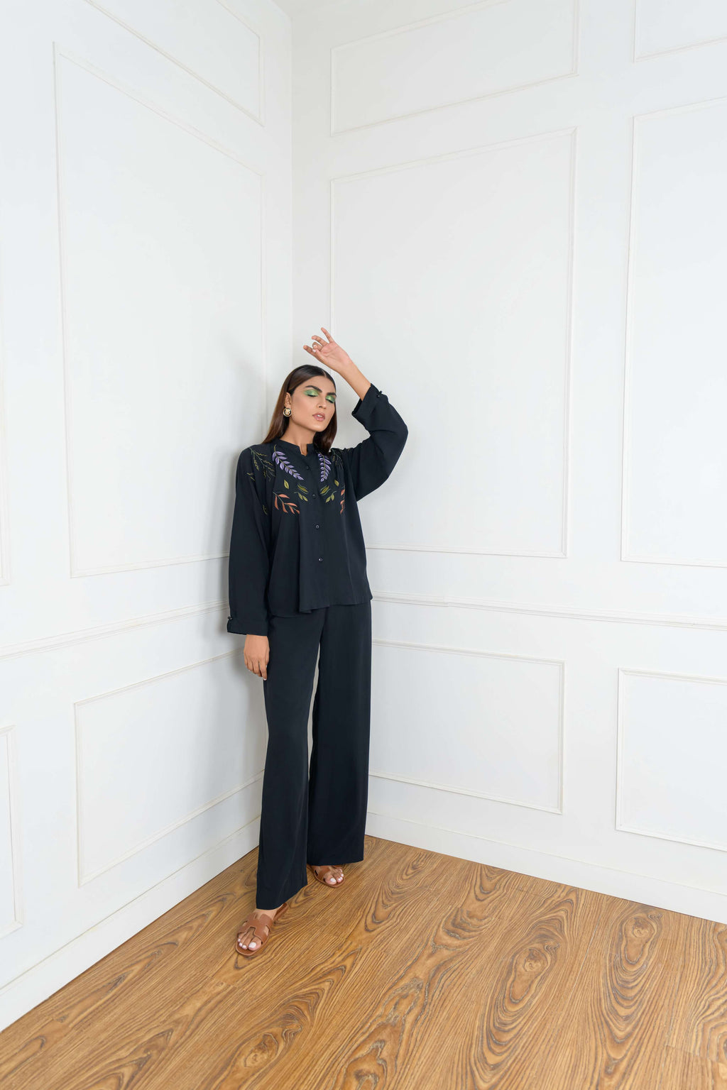 Women's Collared Neckline Leaves Embroidered Co-Ord Set in Black