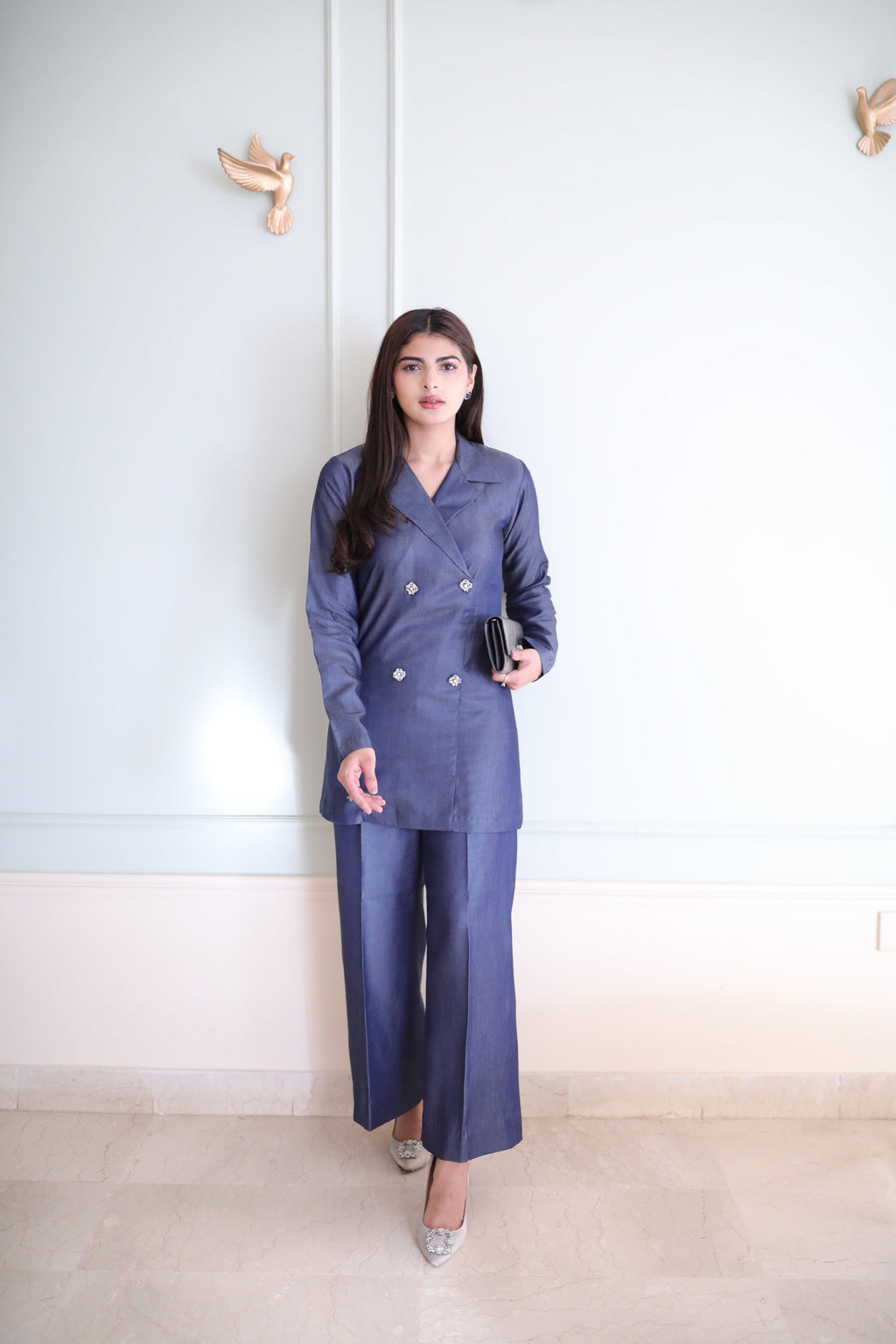 Women's Double Fleece Denim Blue Blazer Set