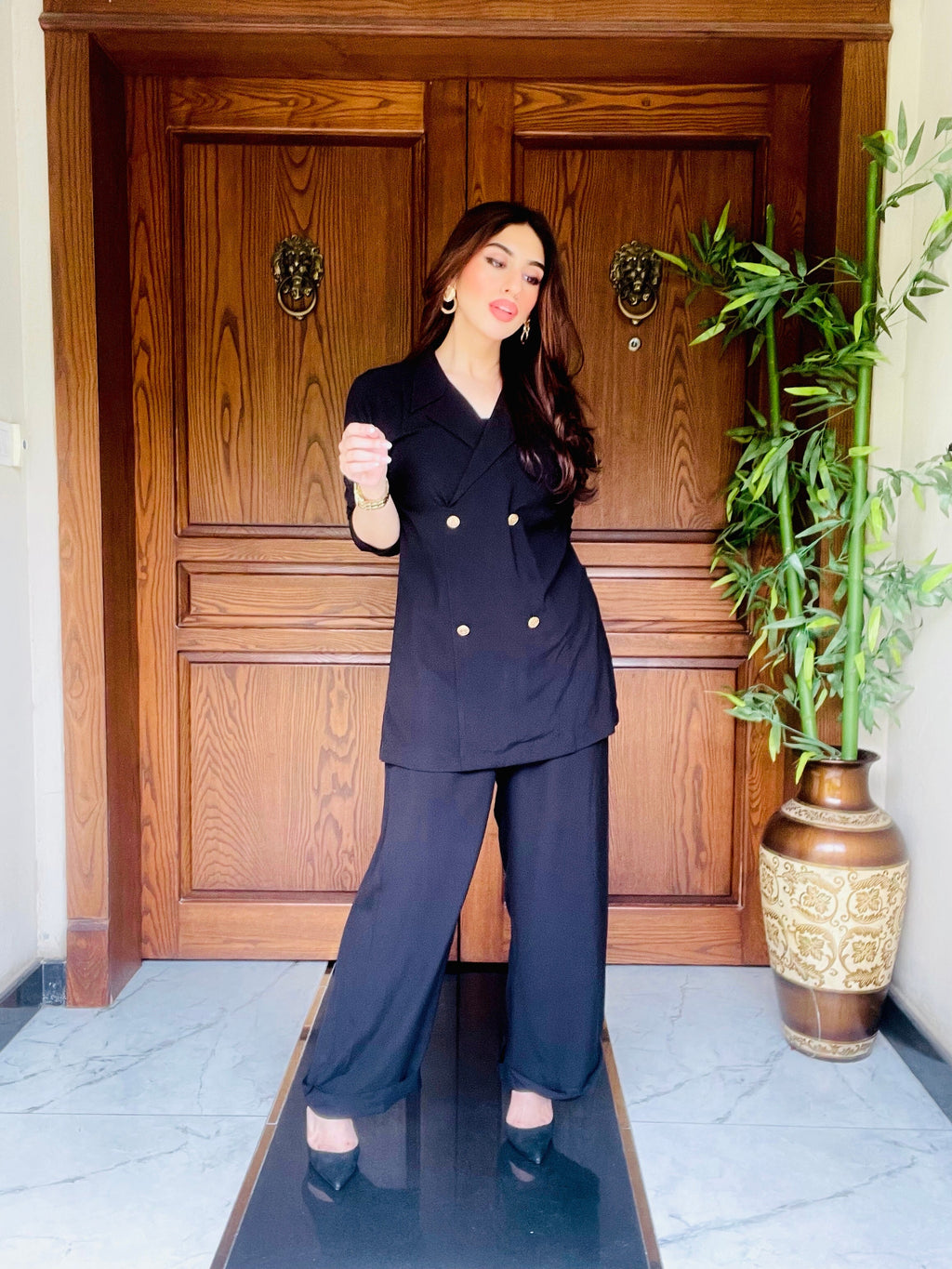 Women's Double Fleece Black Blazer Set