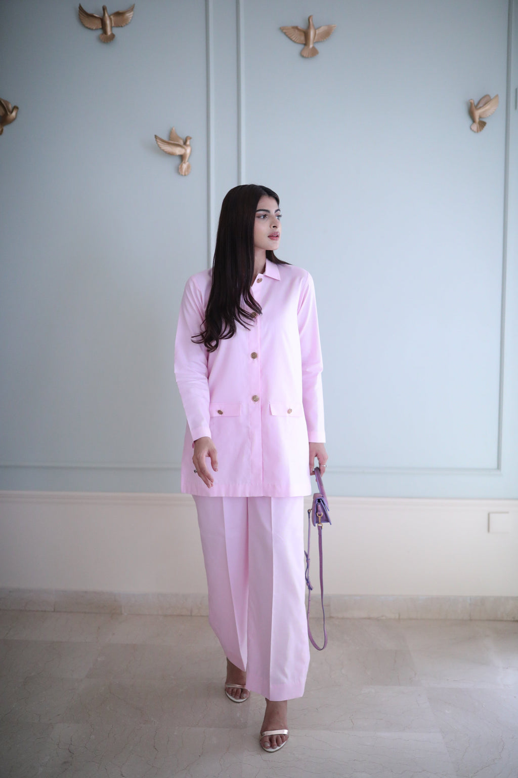 Women's Double Pocket Pink Blazer Set