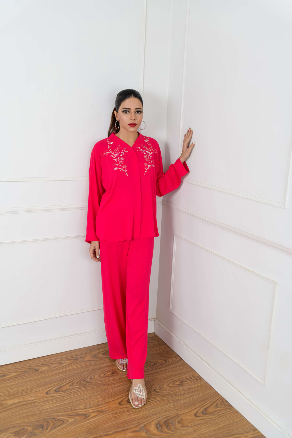 Women's Gold Tilla Embroidery Co-ord Set in Fuschia Pink