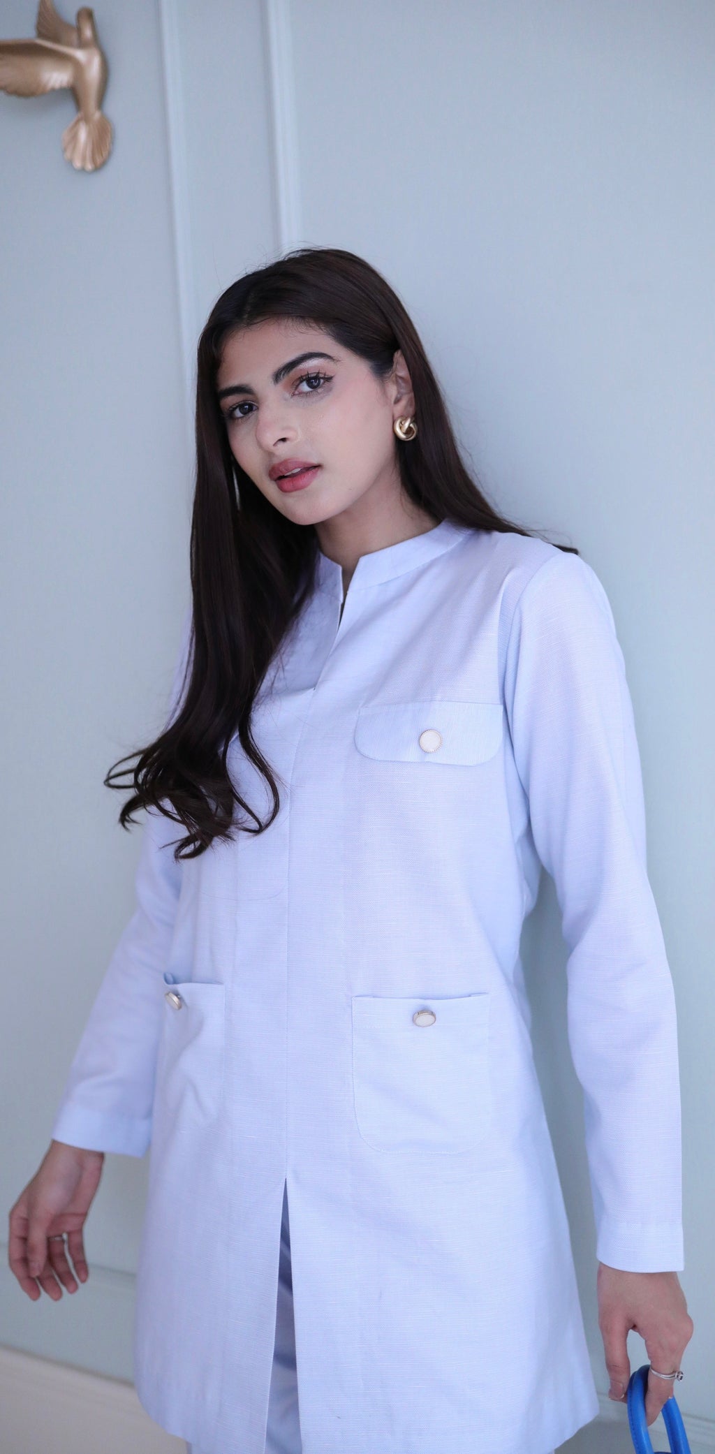 Women's Double Pocket Ice Blue Blazer Set