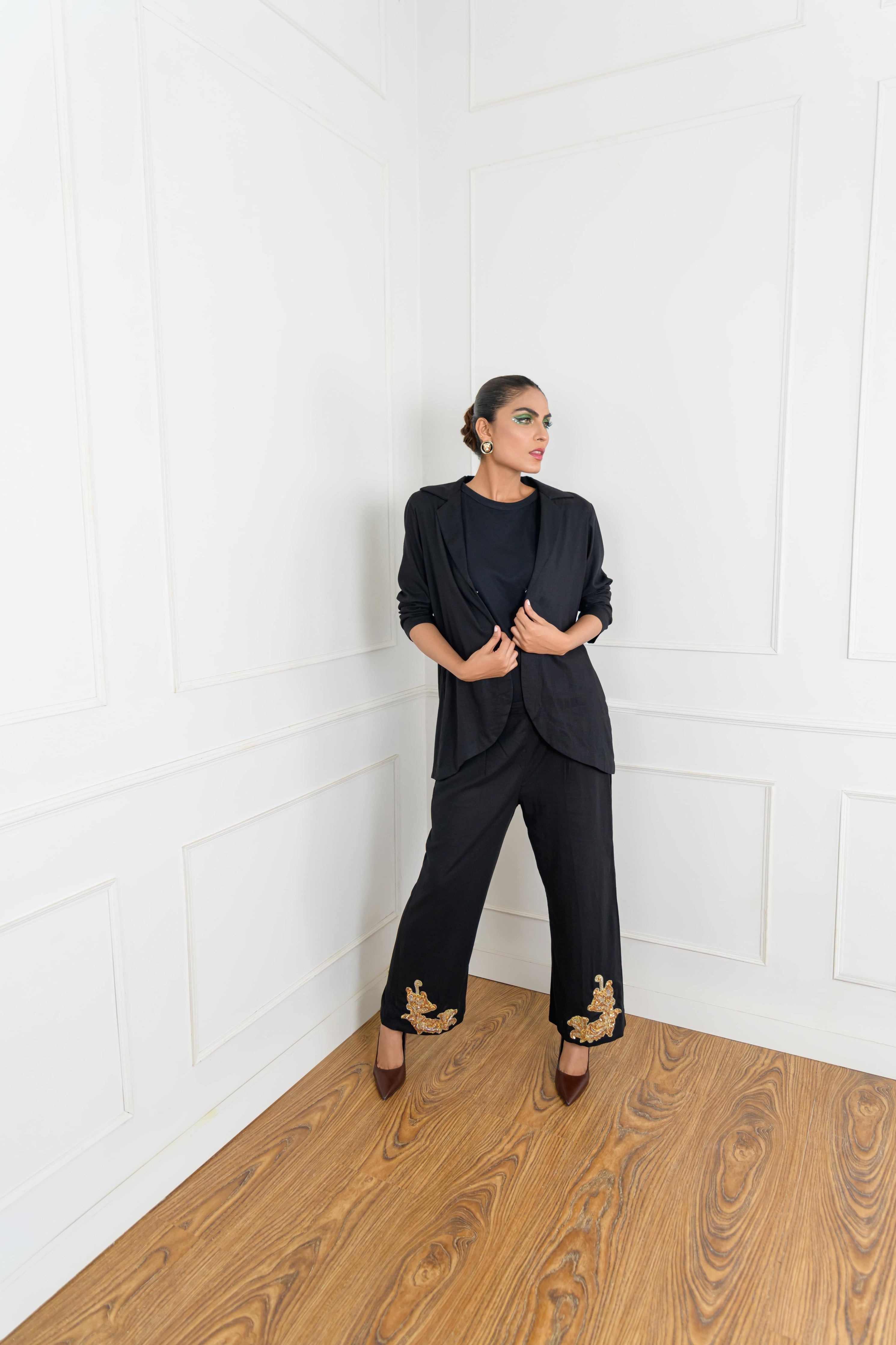 Women's Gold Motif Sequenced  Blazer Set in Black