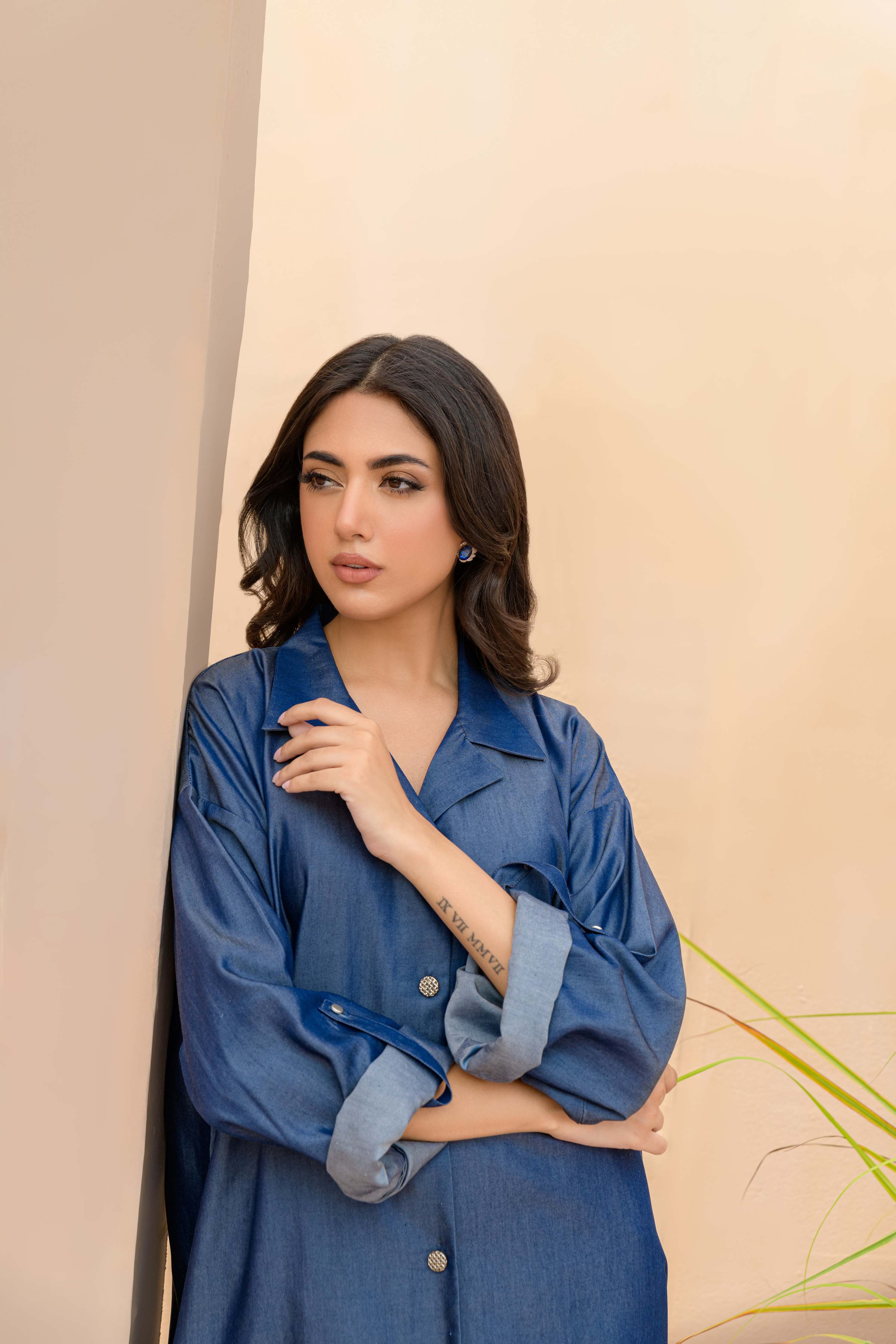 Women Denim Dreams Collared Neck-Line Co-ord Set - Chic Folded Sleeves in Denim Blue